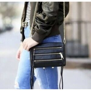 NEW Rebecca Minkoff Mini 5 Zip Black Pebble Leather Crossbody Purse Chain Strap